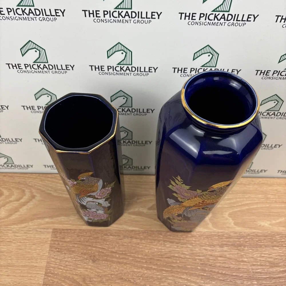 Vintage Japanese Cobalt Blue Porcelain Vase Set Gold Pheasant Peony 10